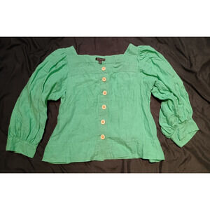 J.Crew 100% Linen Square Neck Puffy Sleeve Kelly Green Button Front Top Medium